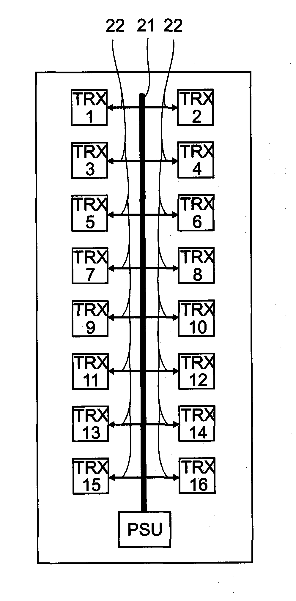 Bus bar power distribution for an antenna embedded radio system
