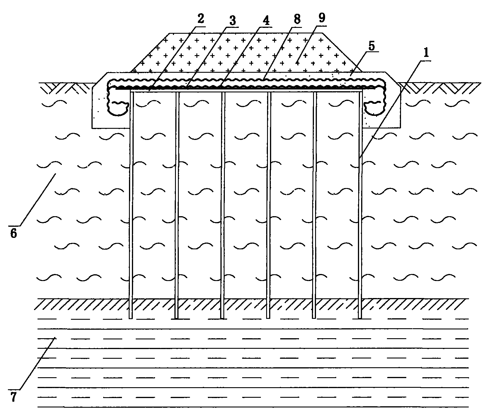 Rigid gridding and pile combined foundation and its use in soft soil foundation reinforcement