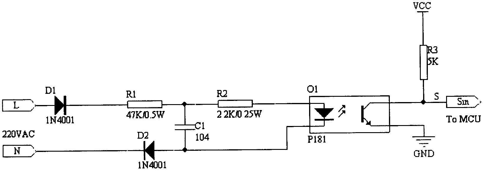 Alternating-current 220V input signal acquisition circuit