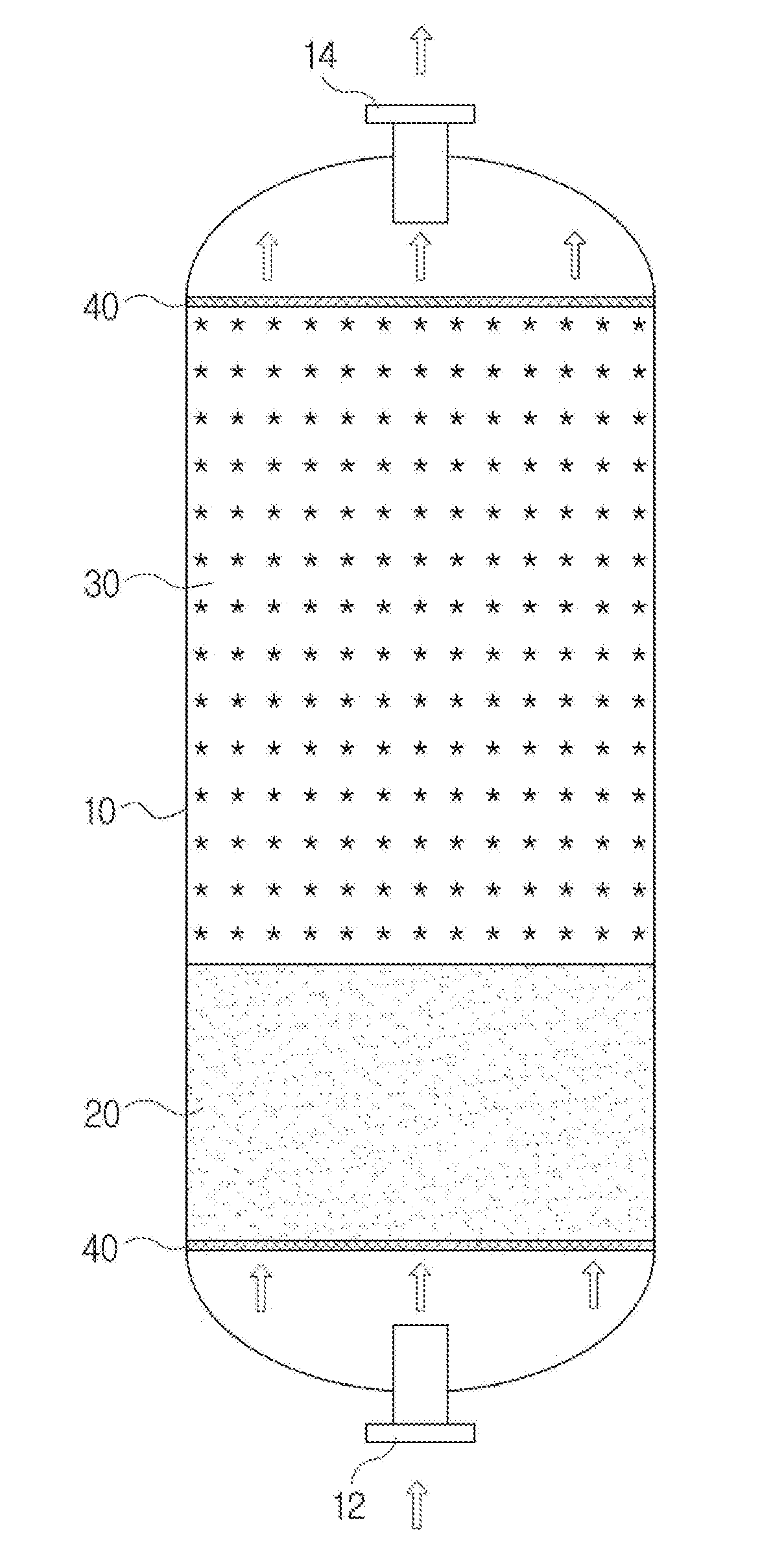 Adsorption tower for oxygen generating system containing two kinds of adsorbing agents filled therein
