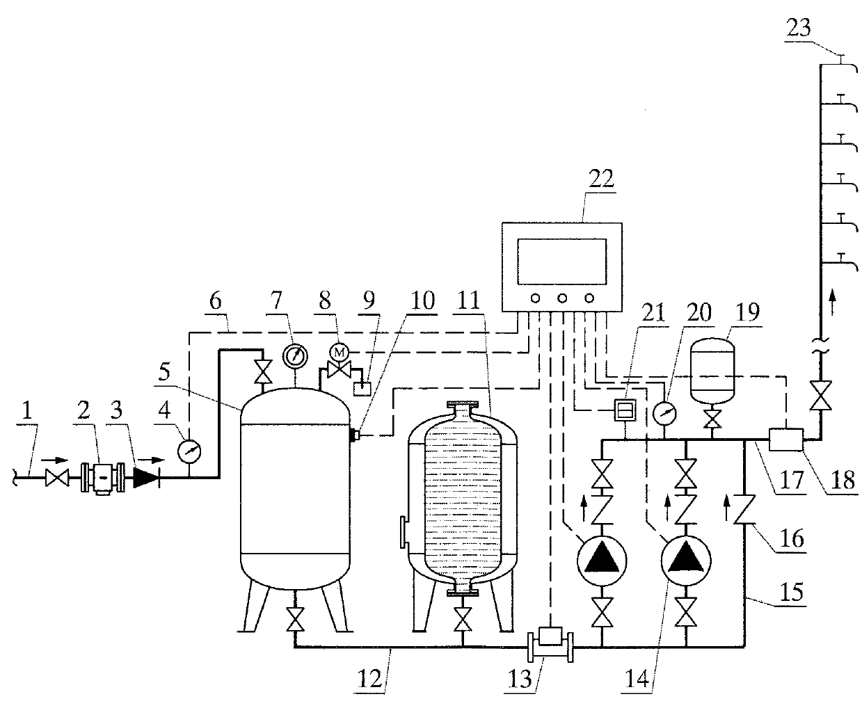 Pressure-rising flow-stabilizing water supply device of pipe network