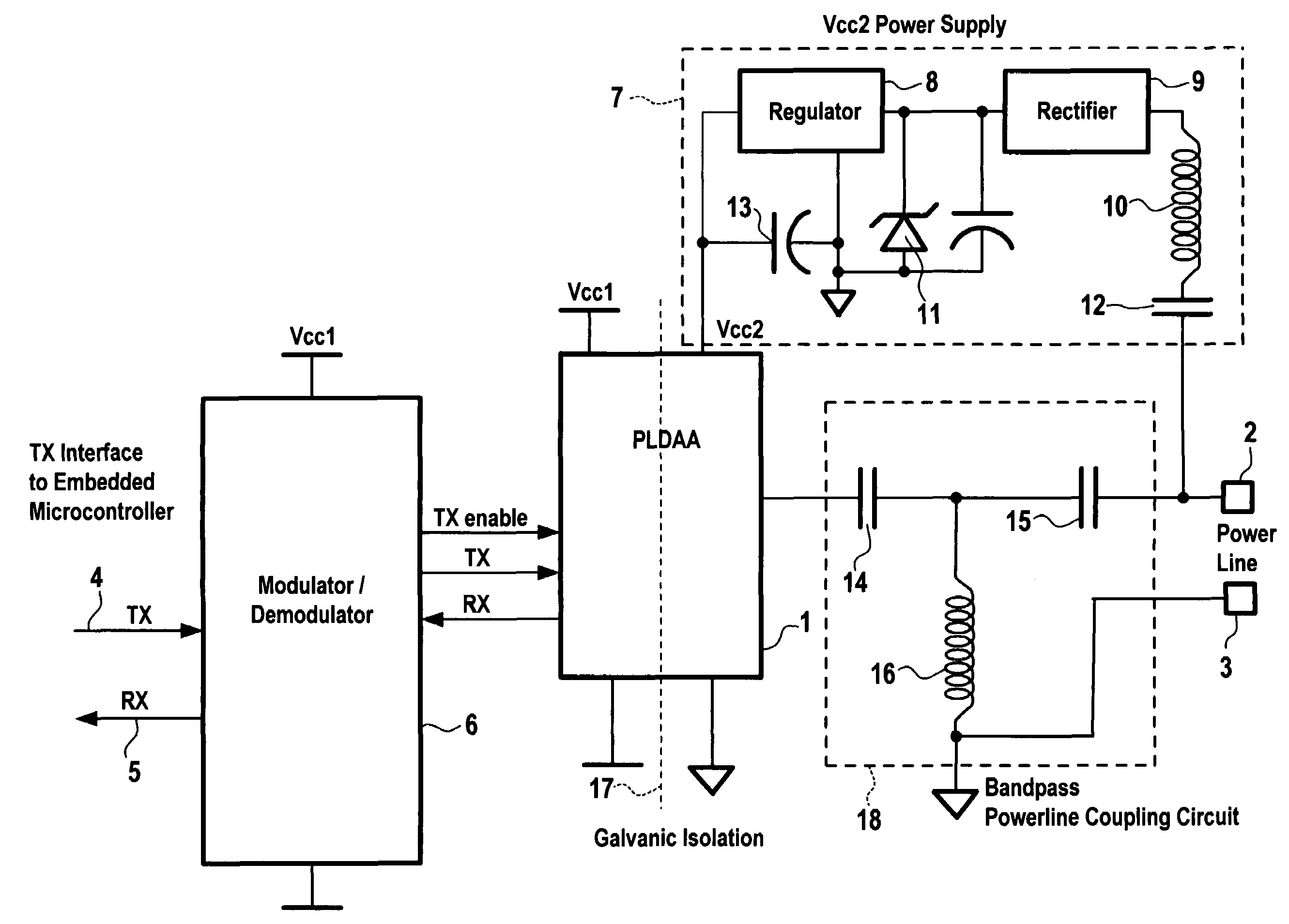 Coupling circuit arrangement for data communication over power lines