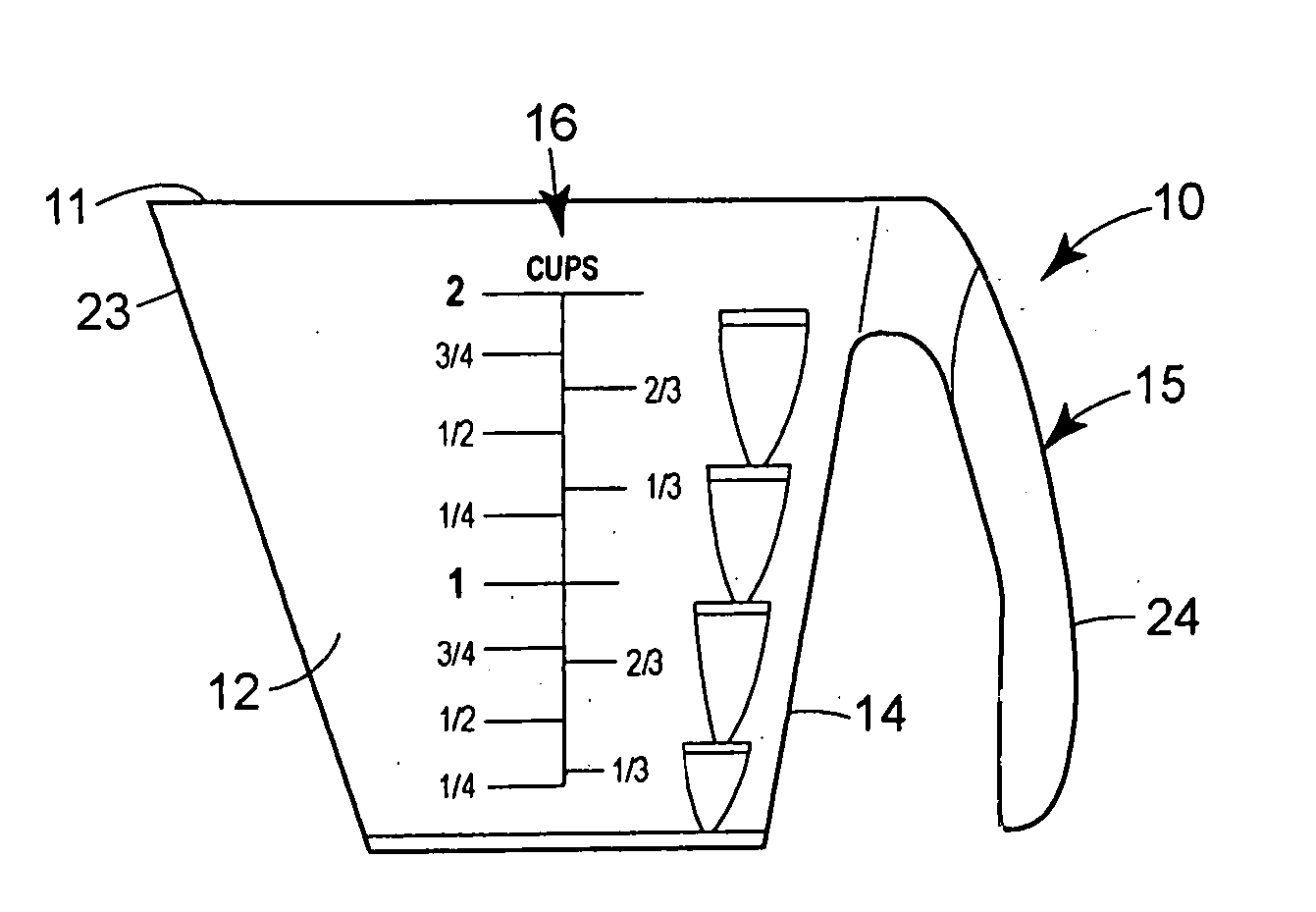 Measuring cup with volume markings visible while pouring