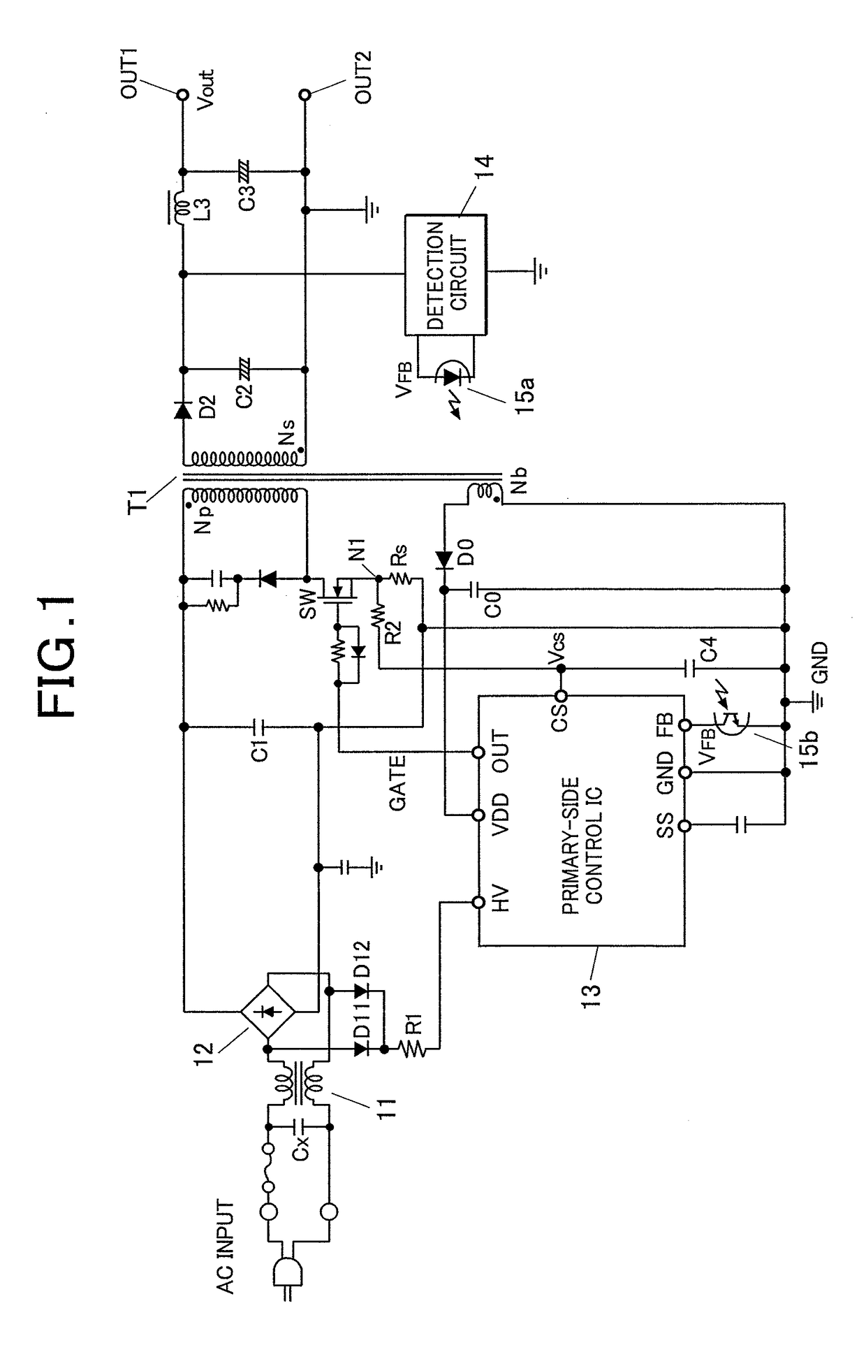 Semiconductor device for power supply control and power supply device, and discharging method for x capacitor