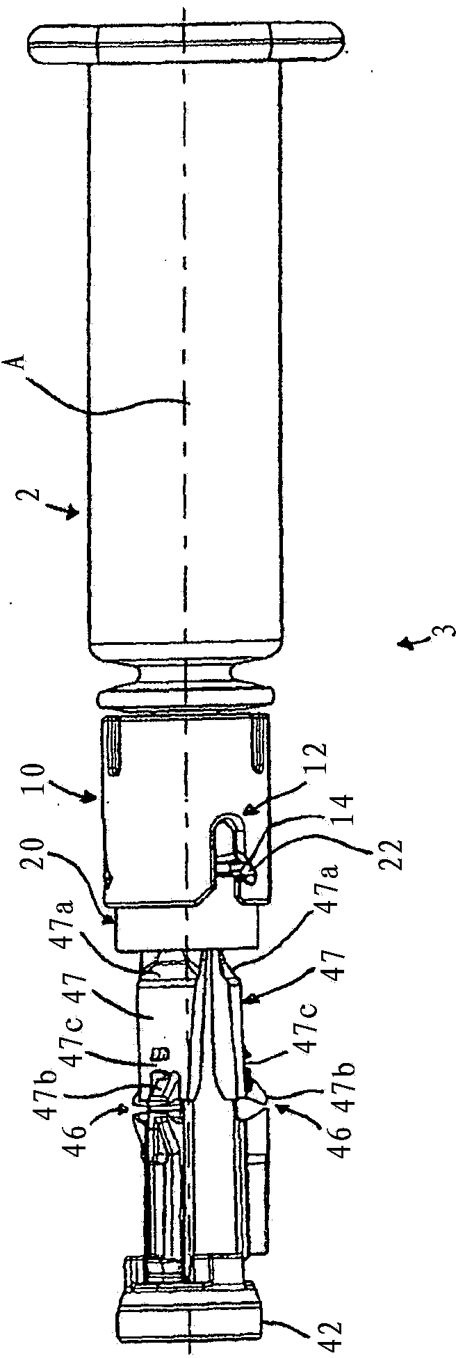 Needle assembly and injection device with foldable needle protecting means