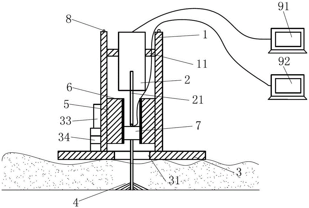 A device for measuring sediment thickness by drill bit variable pressure induction method