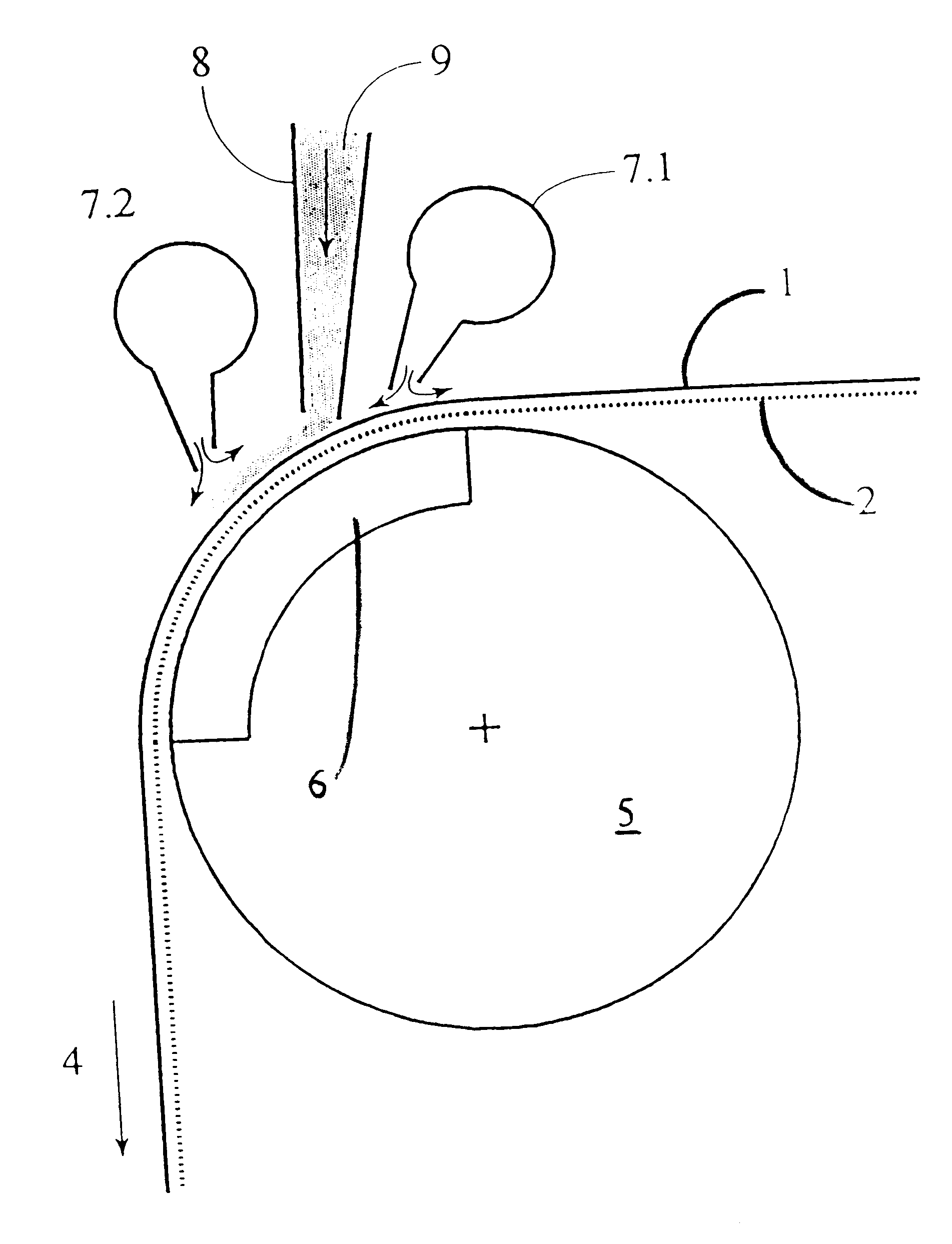 Process and device for acting on a paper or cardboard web with one of a fluid and pasty coating medium