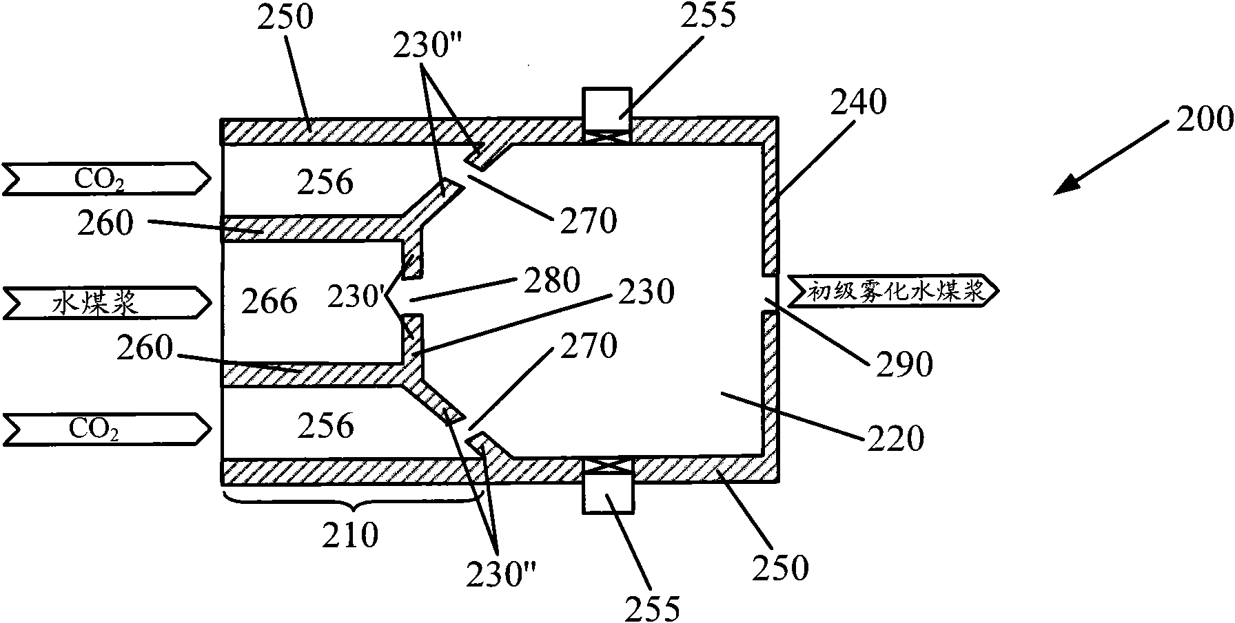 Process nozzle and system for gasifying water coal slurry and application thereof