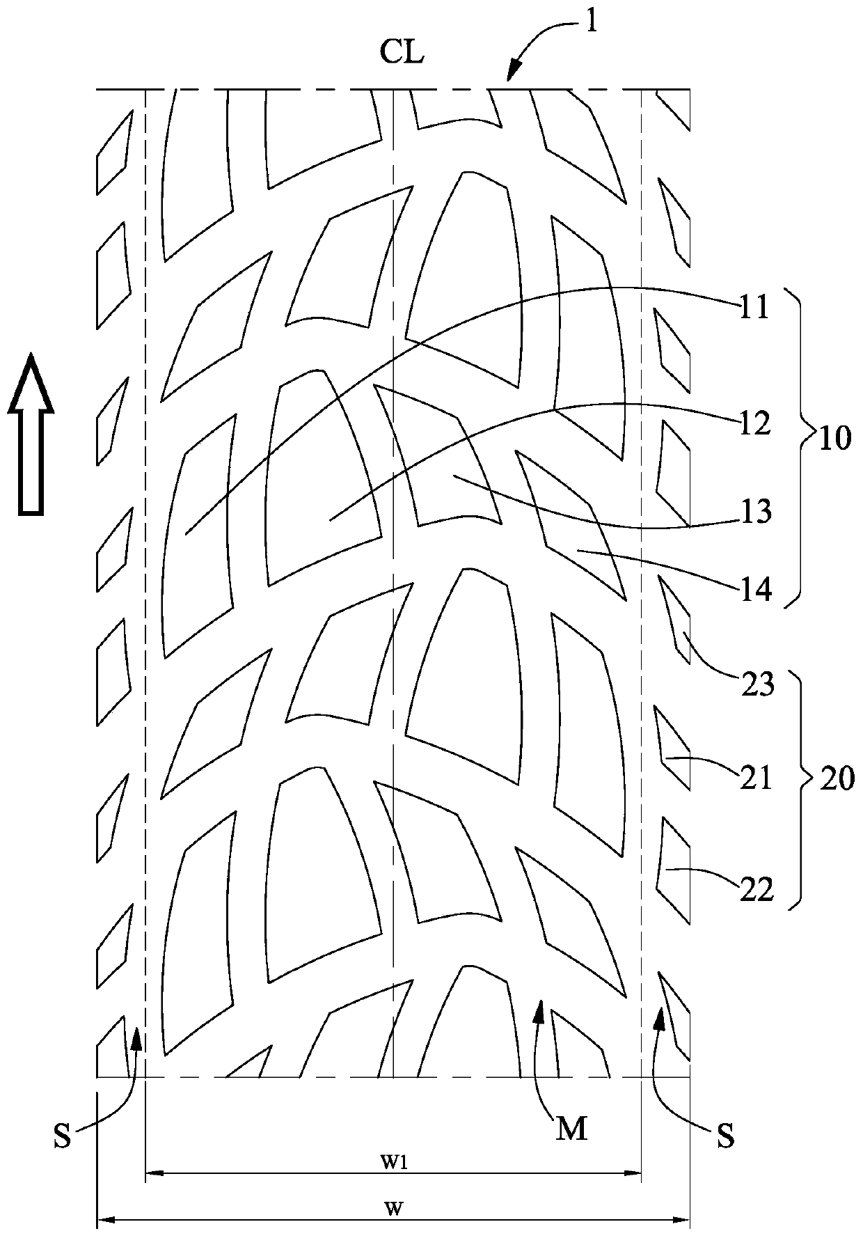 Bicycle pneumatic tire tread pattern structure