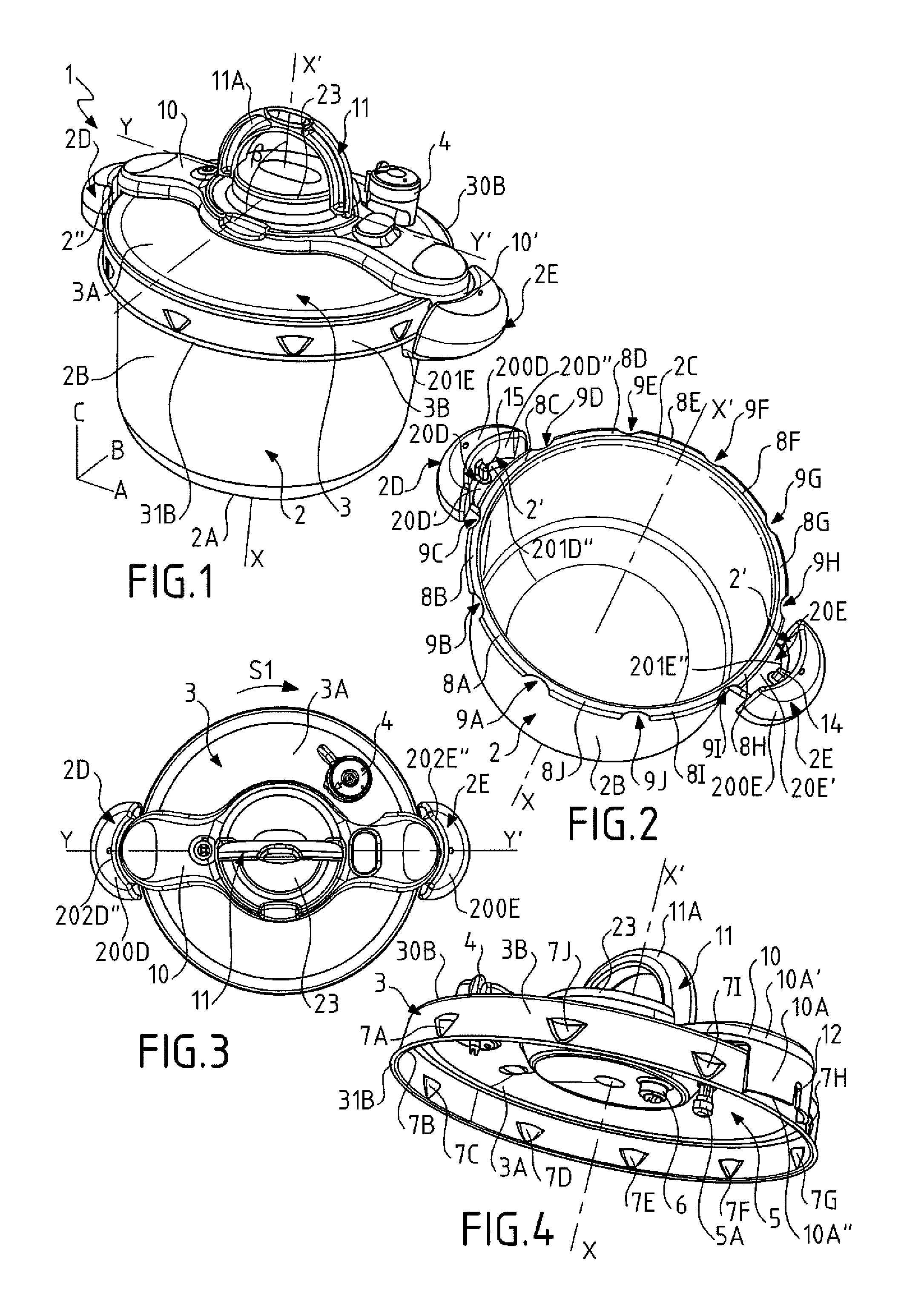 Bayonet fitting pressure cooker provided with guide elements