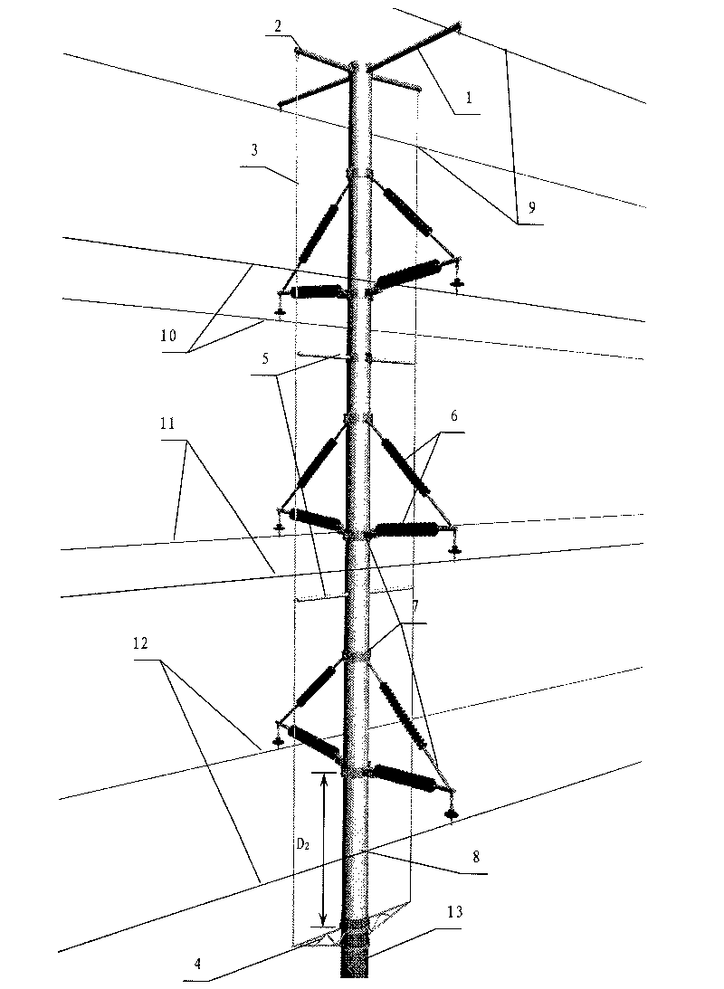Method for vertical grounding down leading on inner side of composite material tower and tower