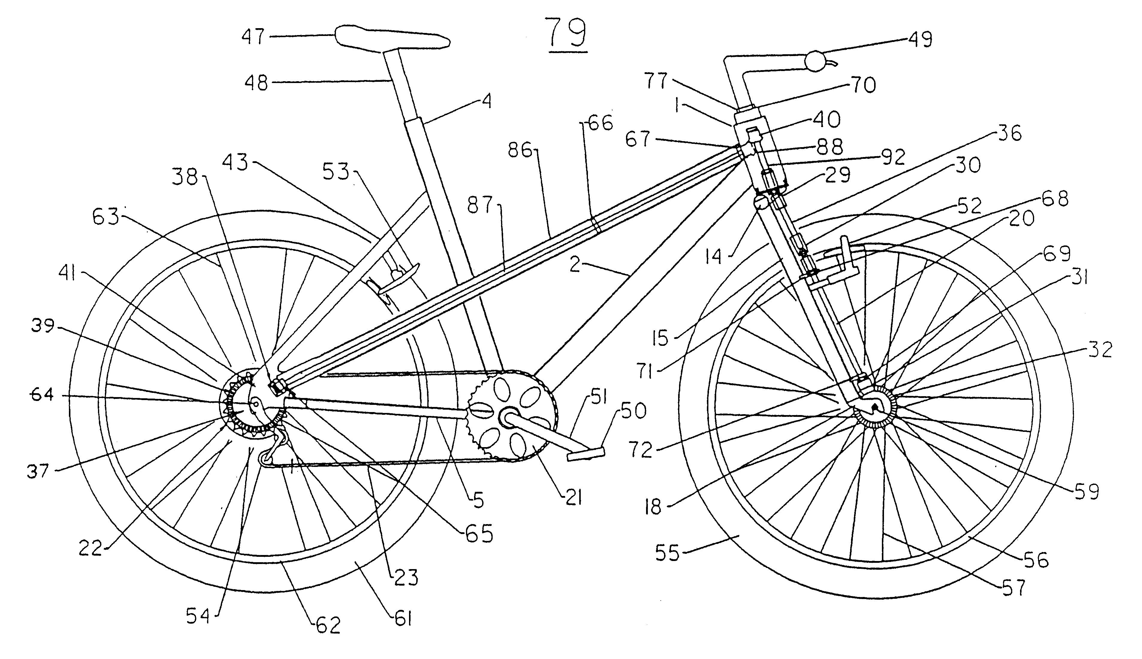 Two wheel drive bicycle with a shock-absorbing front fork