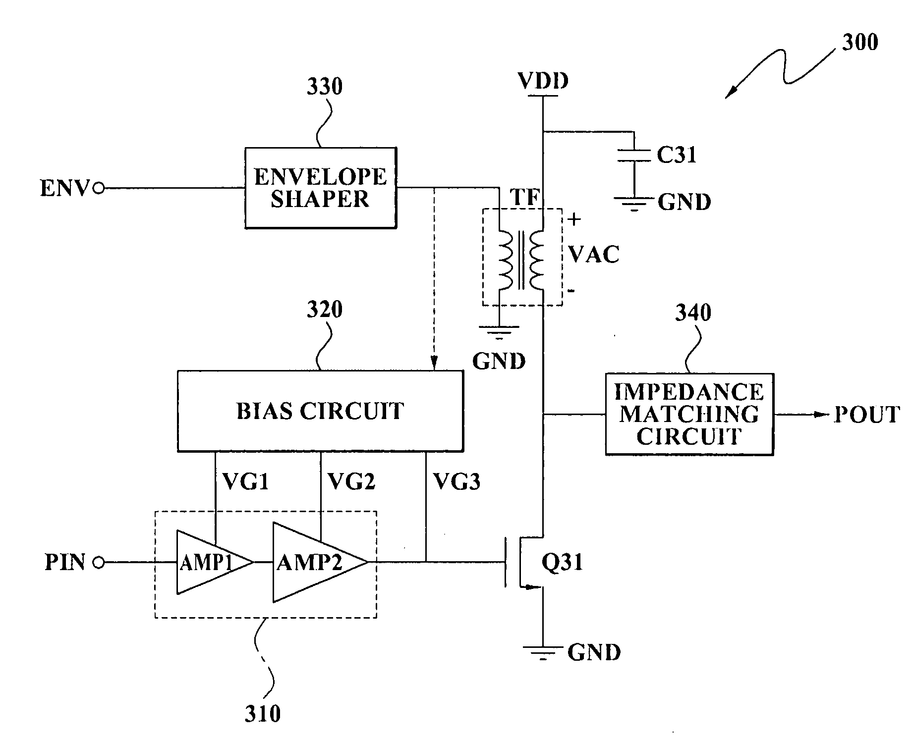 Power amplifier circuit and method for envelope modulation of high frequency signal