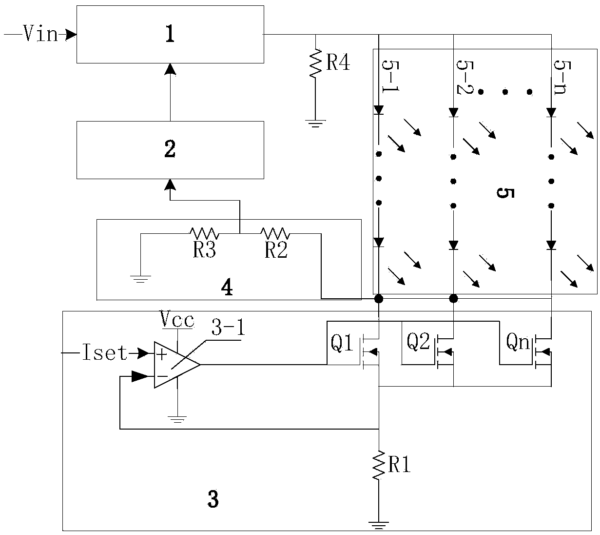 LED constant-current driving circuit of multi-path self-adaptive loads