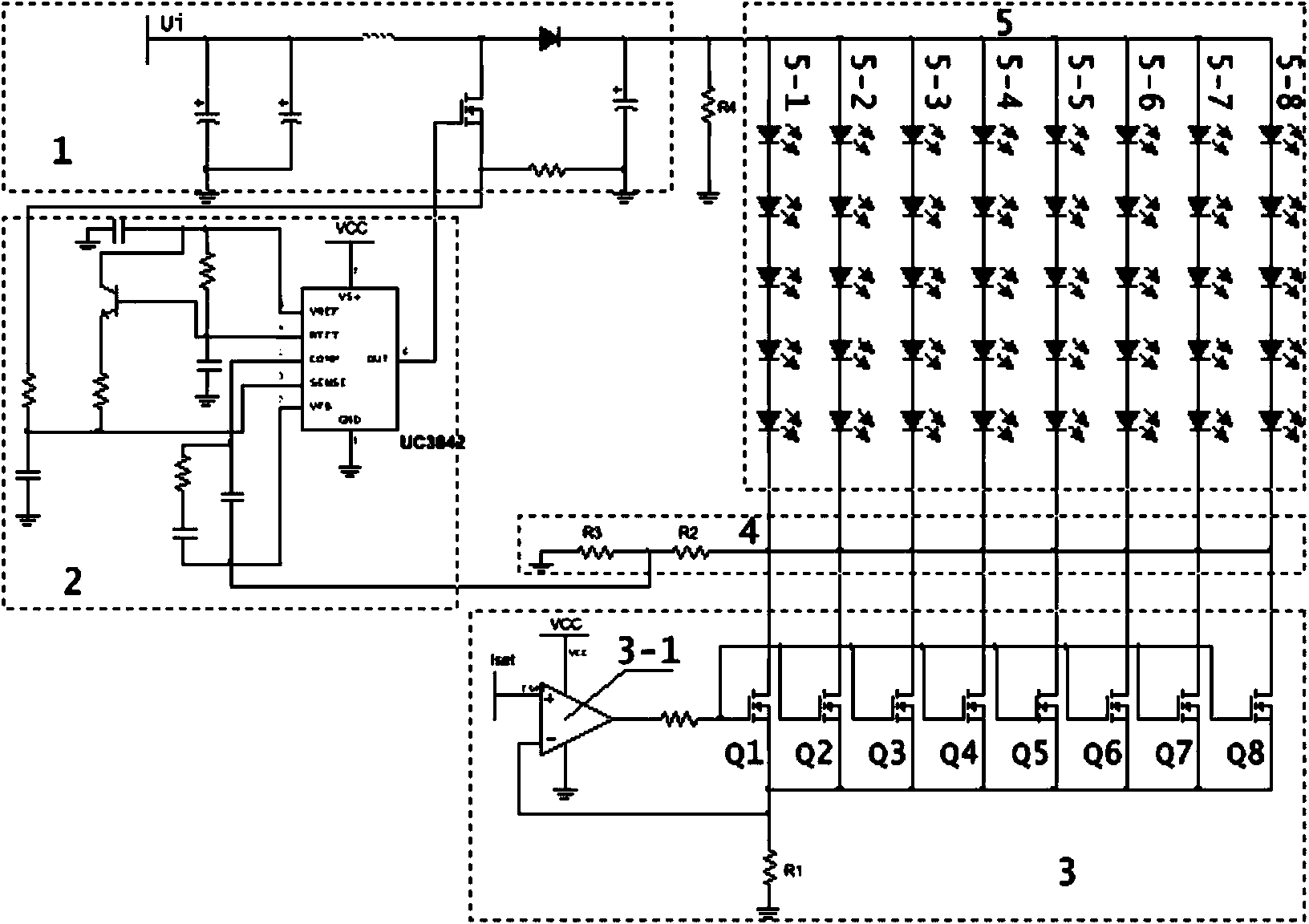 LED constant-current driving circuit of multi-path self-adaptive loads
