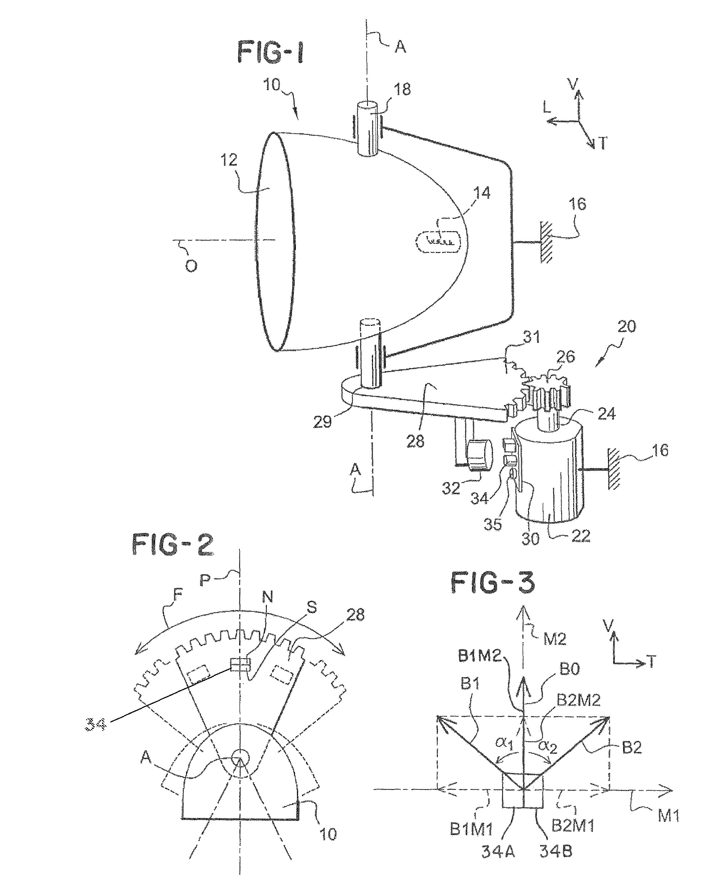 Method of determining the angular position of a headlight by several magnetic field measurement means