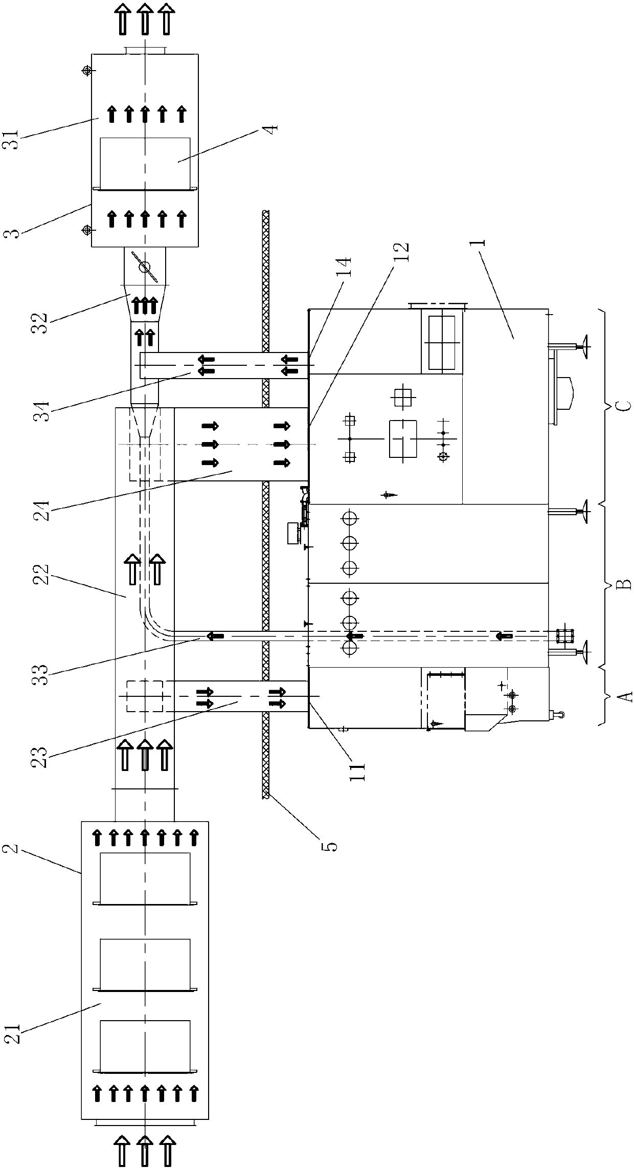 Air feed and exhaust system for tunnel-type sterilizing dryer