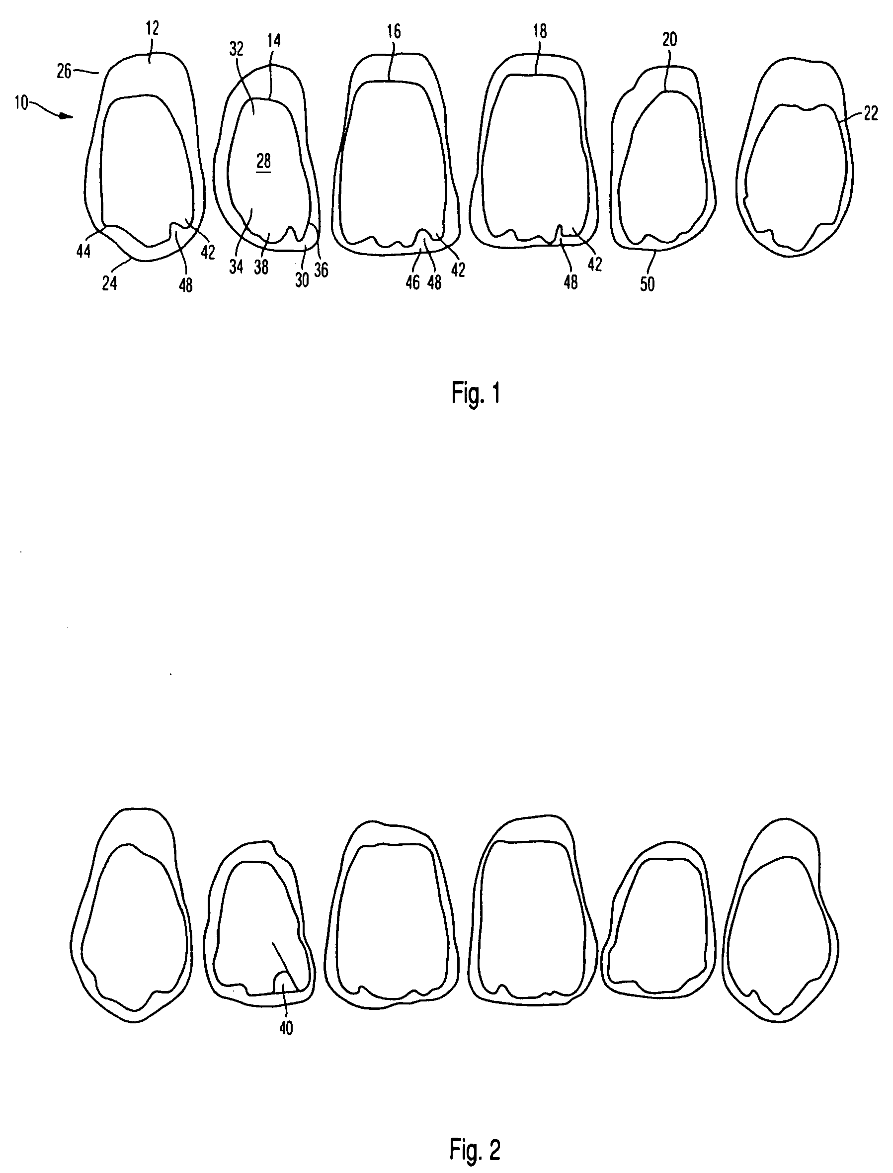 Incisor tooth or canine tooth, and set of teeth, and method for producing and incisor tooth or canine tooth