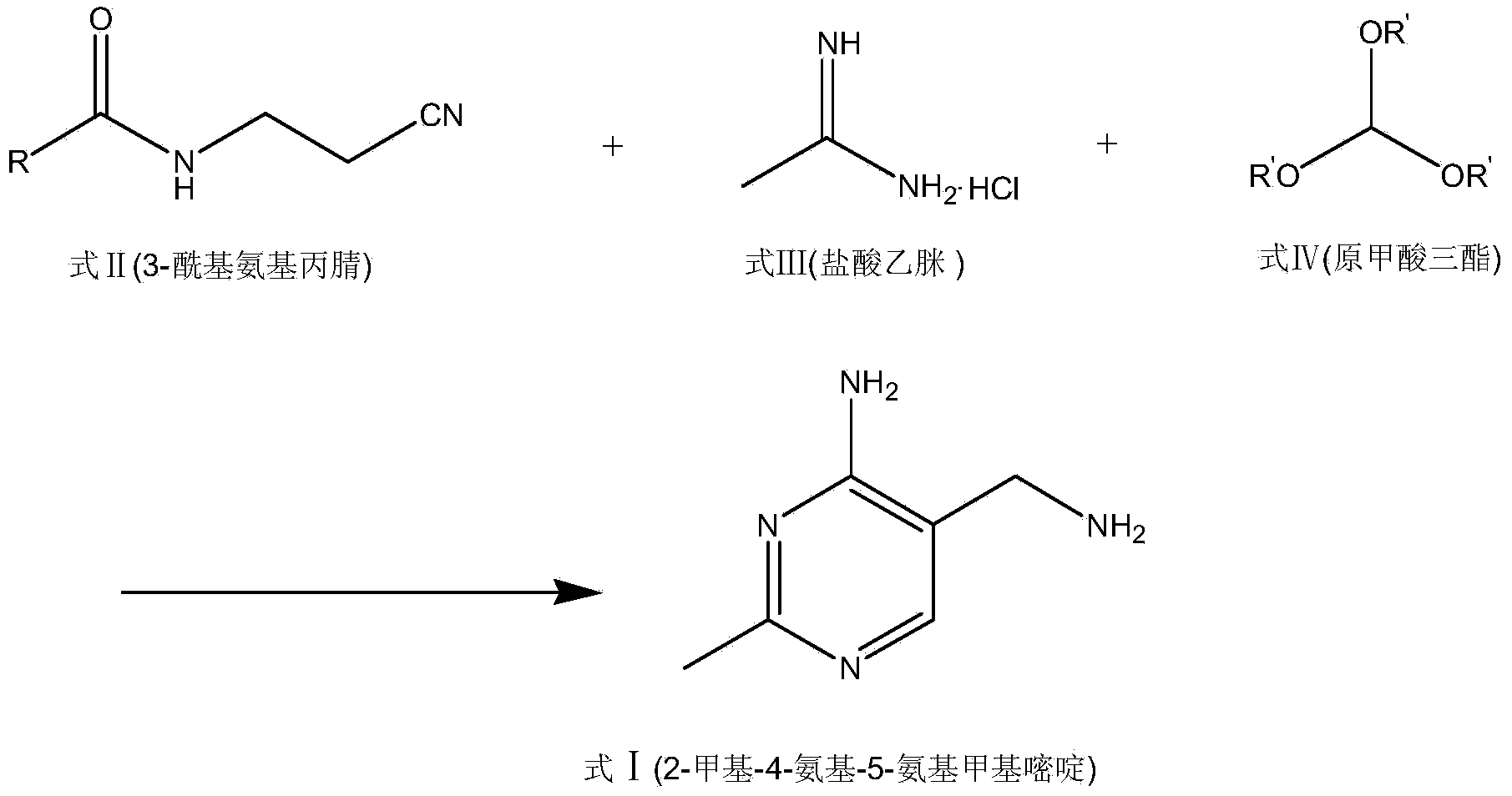 Portable synthesis method for preparing 2-methyl-4-amino-5-aminoethylpyrimidine through one-step cyclization reaction