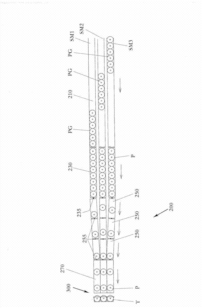 Method and device for filling a multi-row packaging tray with fragmented products