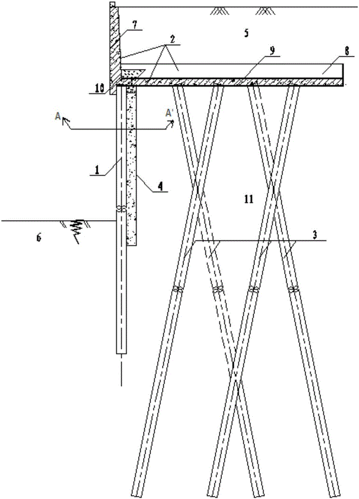 Bulkhead wall type supporting and blocking structure with oblique piles and relieving slabs combined