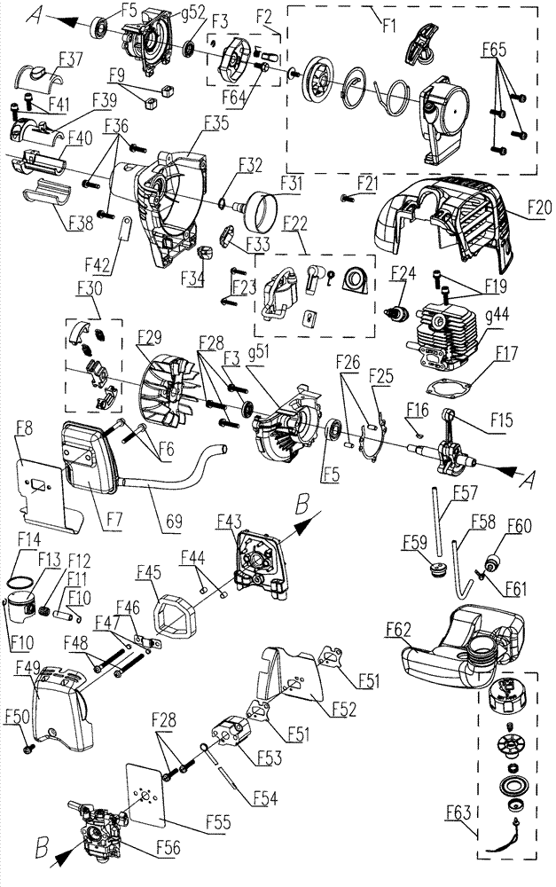 Low-emission gasoline brush cutter with throat gap atomization carburetor