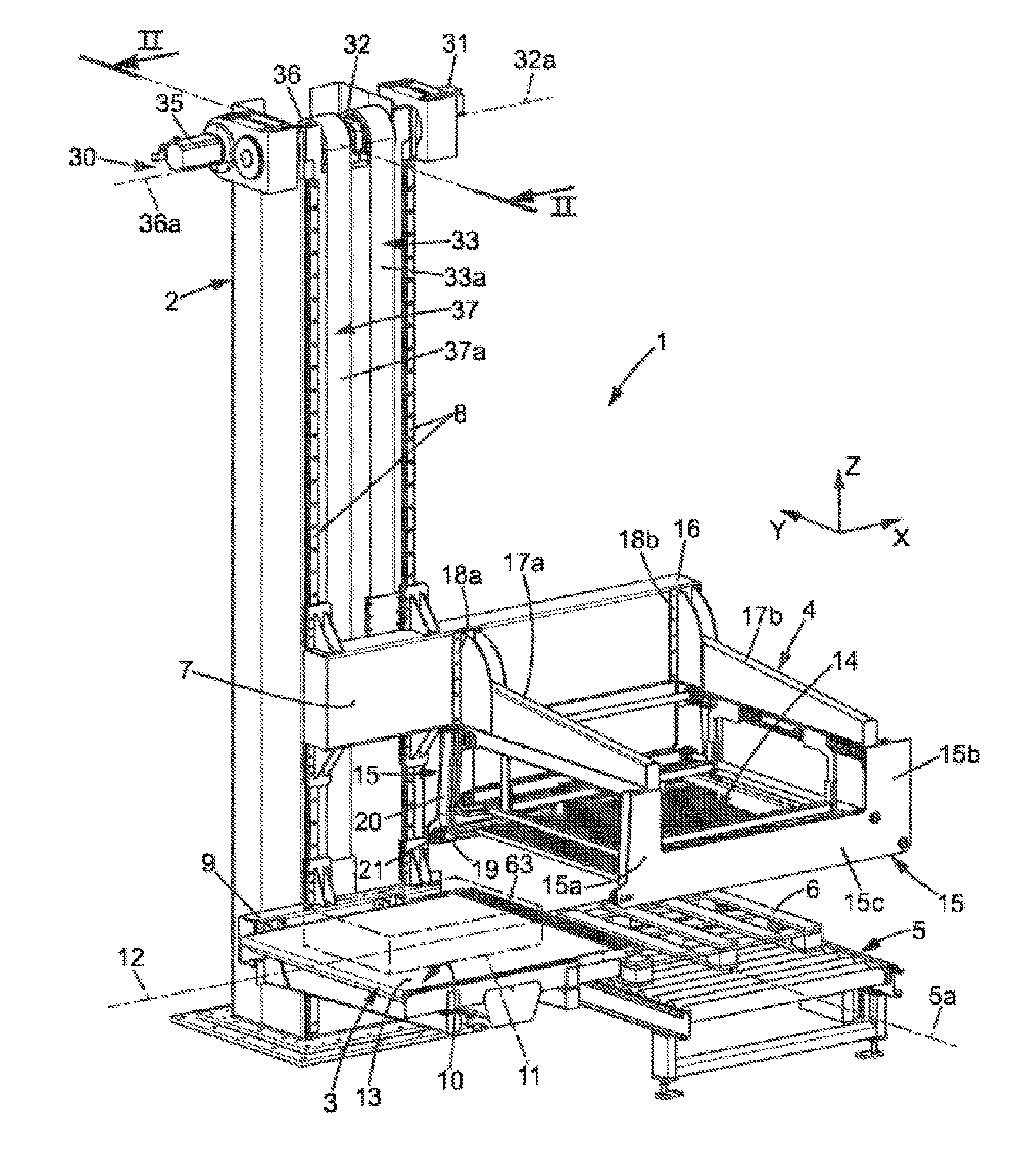 Device for transferring pre-formed layers of objects to the top of a pallet