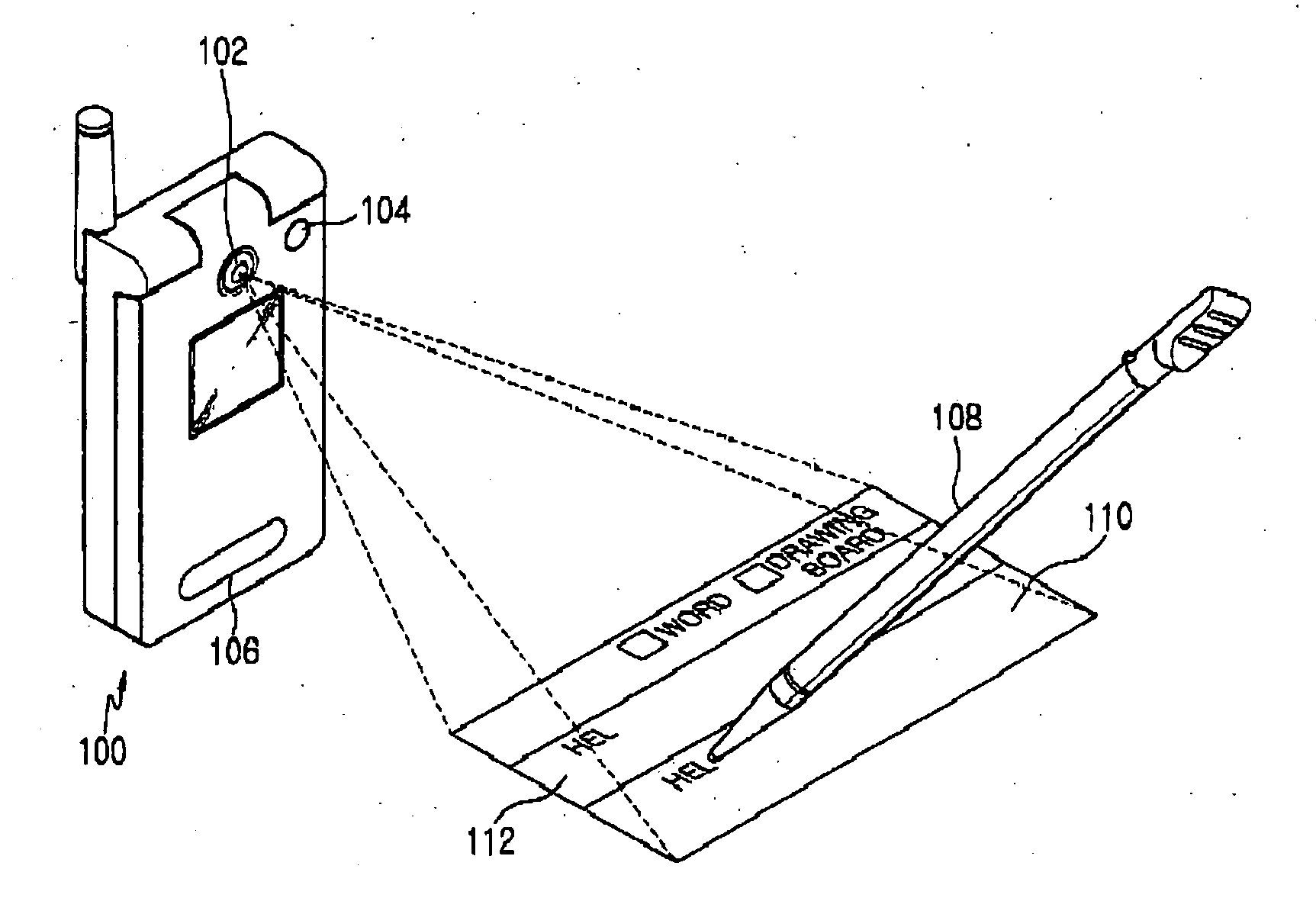 Device and method for inputting characters or drawings in a mobile terminal using a virtual screen