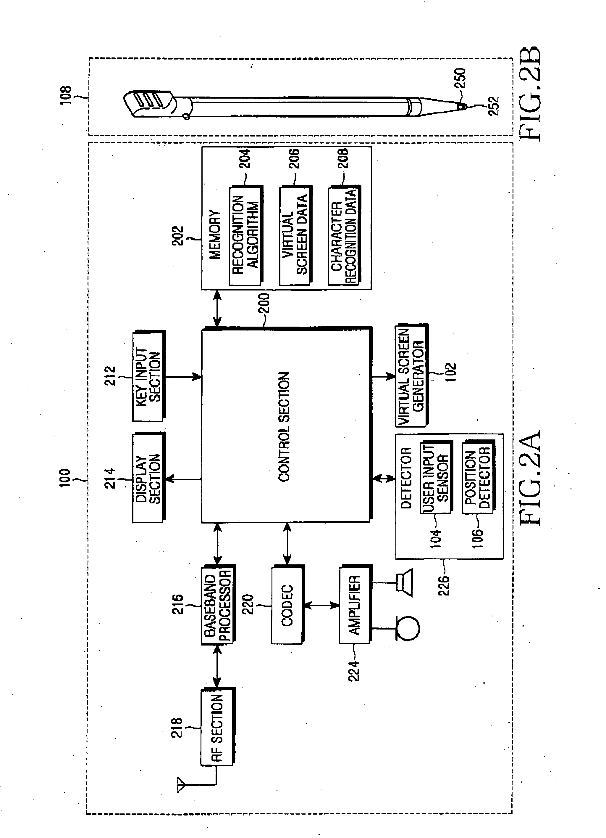 Device and method for inputting characters or drawings in a mobile terminal using a virtual screen