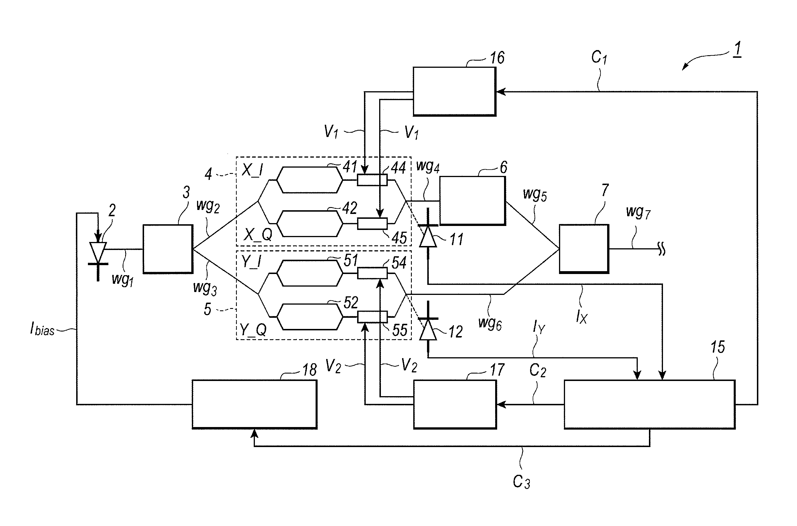 Optical transmitter implemented with two QPSK modulators made of semiconductor material and a method to control optical power output therefrom