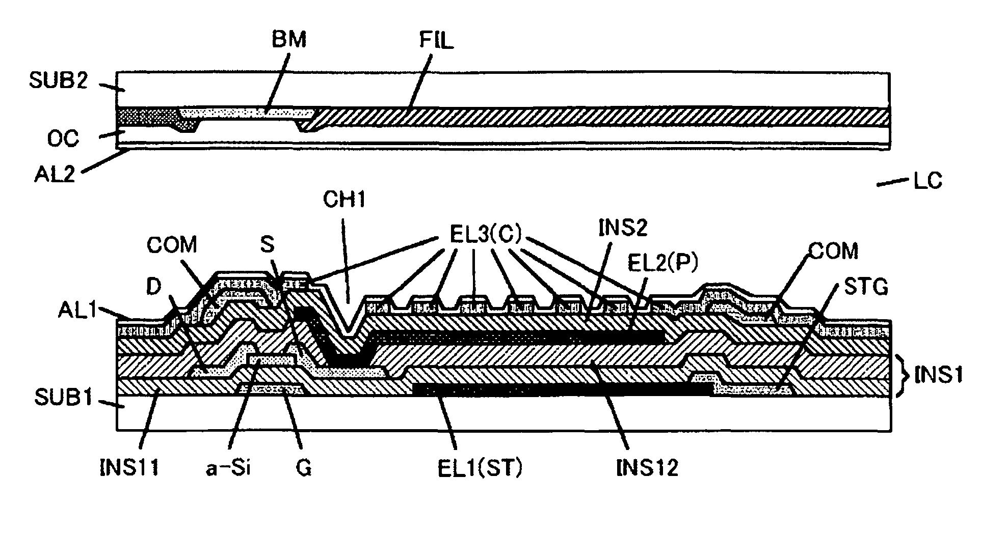 Liquid crystal display device having first, second, and third transparent electrodes that form first and second storage capacitors