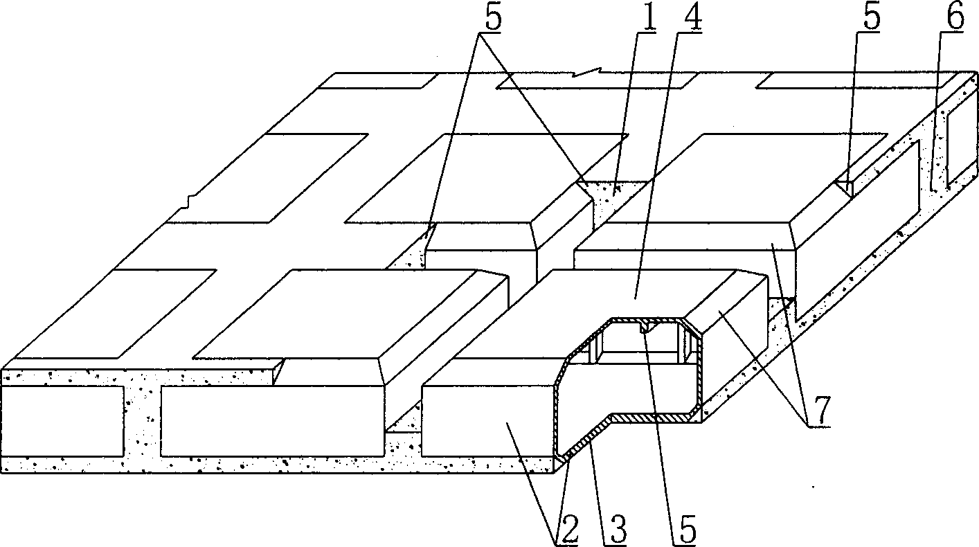 Hollow slab made from concrete reinforced by steel bar cast in-site