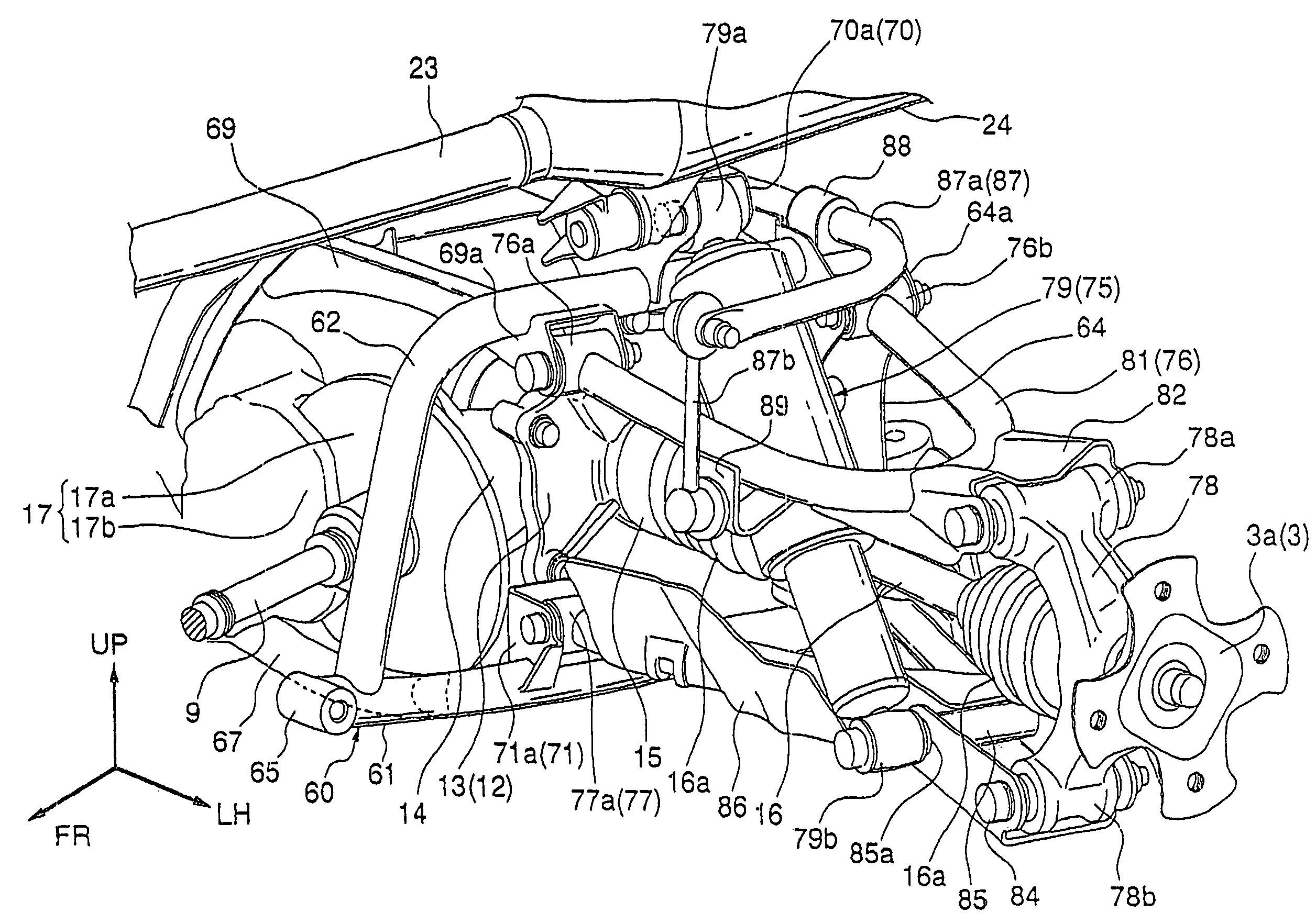 Suspension structure with improved shock absorber arrangement, and vehicle incorporating same