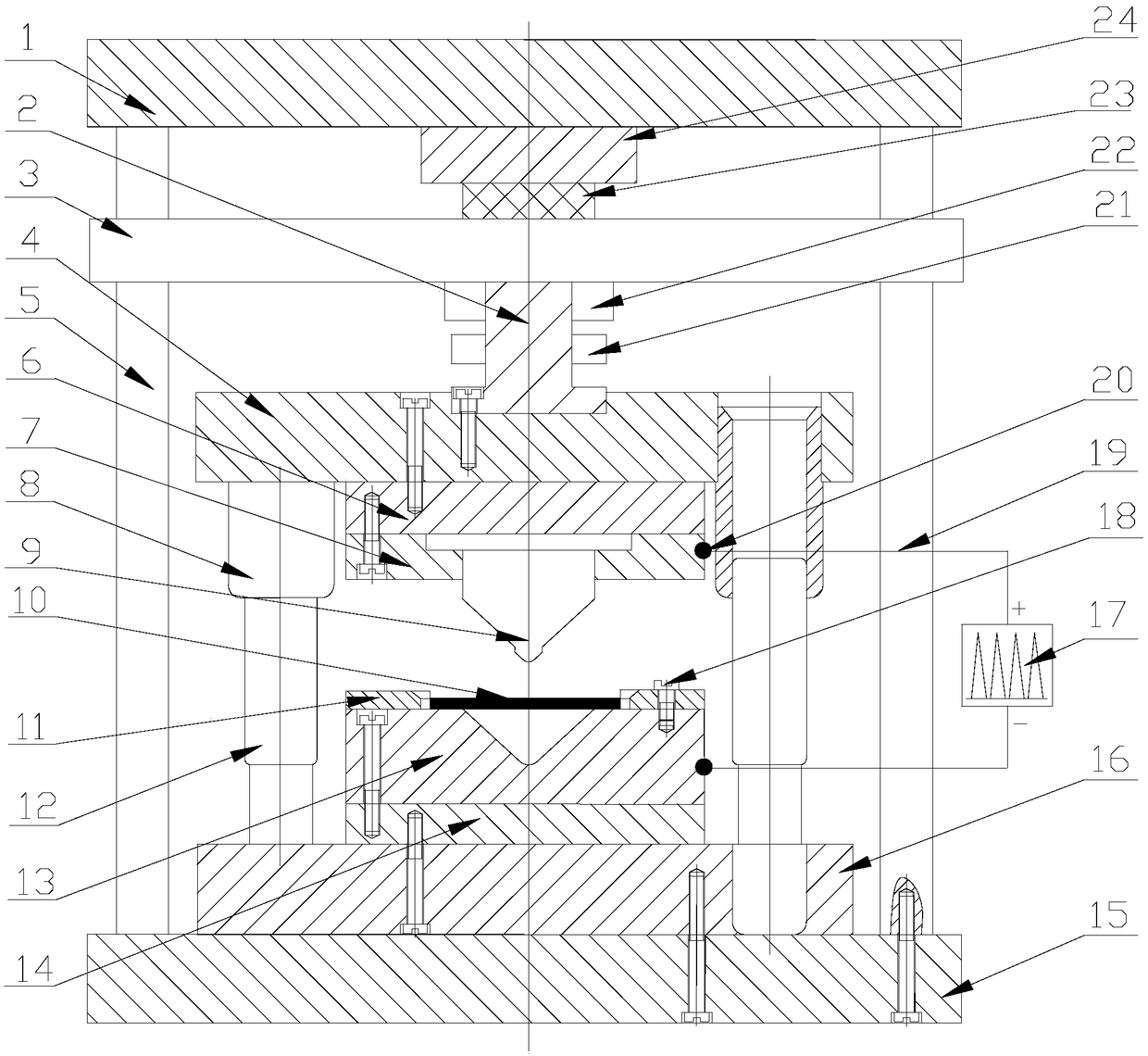 A pulse current assisted micro-bending forming device and method for a thin metal plate