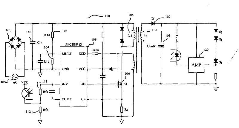 Switching power supply controller for constant current driving of LED by primary side control and method for constant current driving of LED