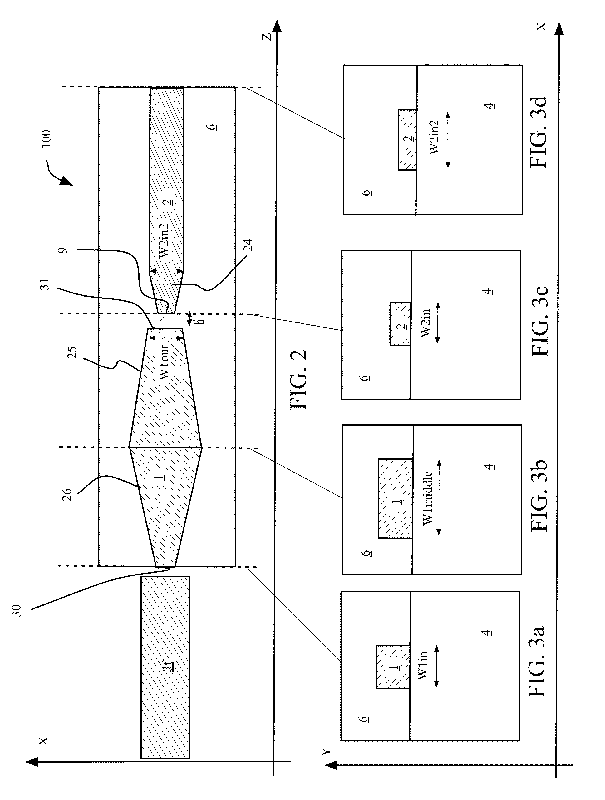 Optical mode transformer, in particular for coupling an optical fiber and a high-index contrast waveguide