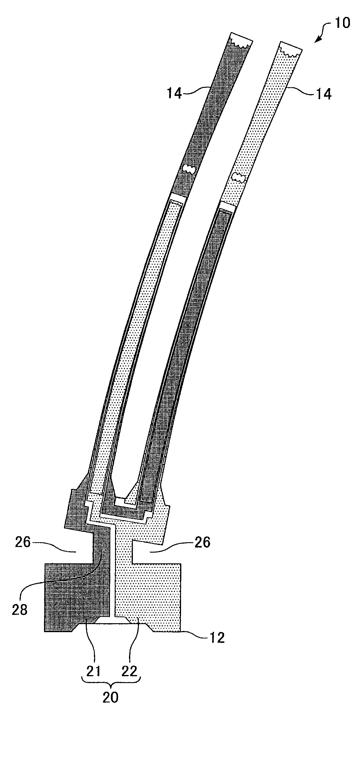 Tuning fork type piezoelectric resonator having a node of common mode vibration in constructed part of base
