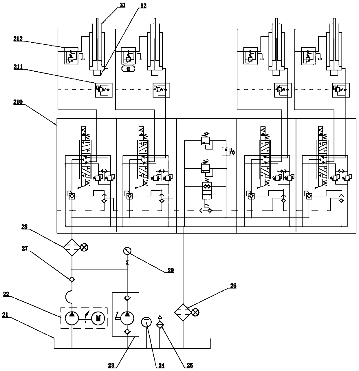 Multi-two-stage-cylinder hydraulic synchronous control system