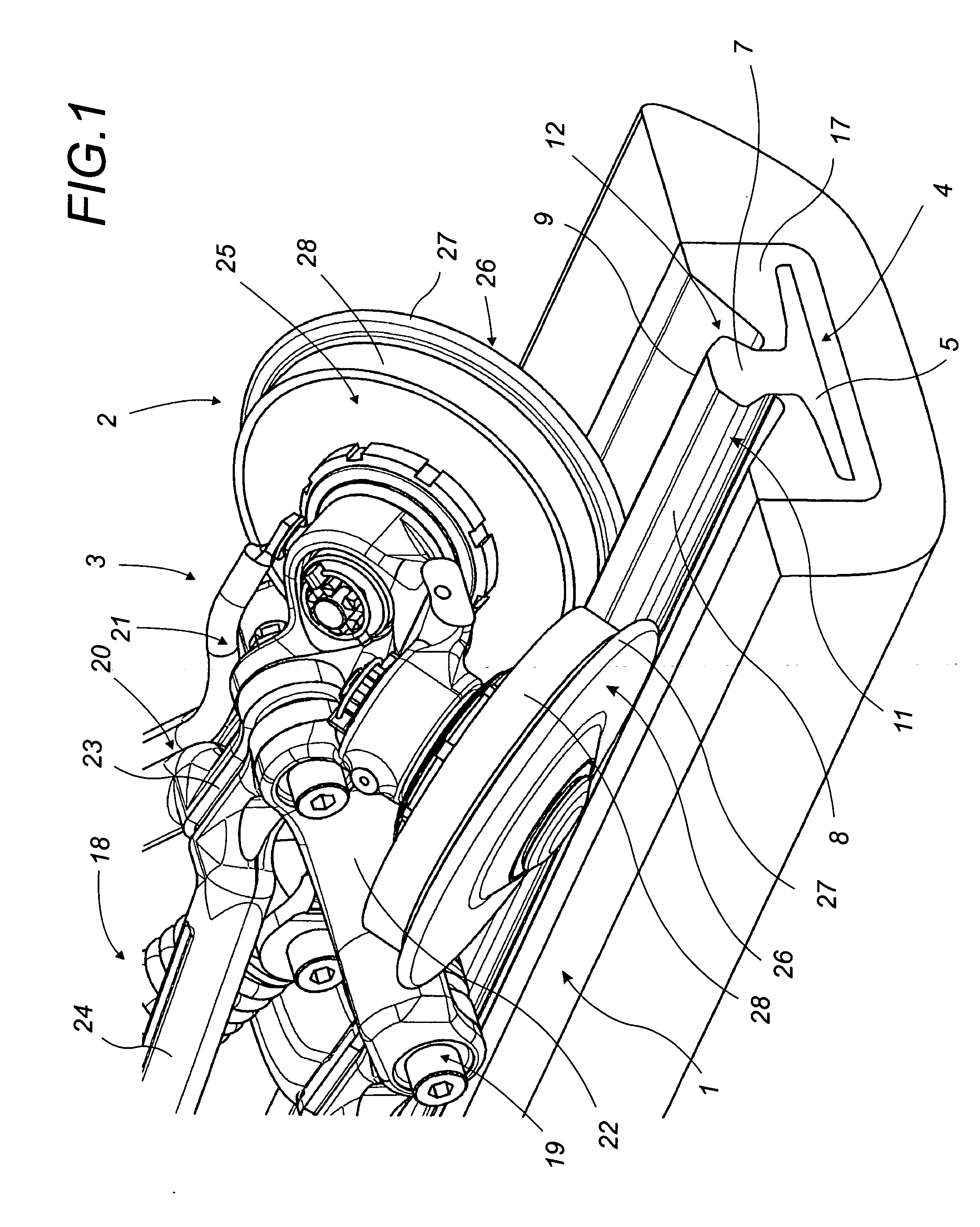 Guide assembly for guide rail comprising pair of angled guide wheels