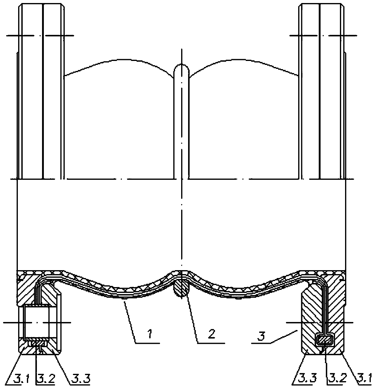 Symmetrical hyperboloid vibration reduction connecting pipe for combined flanges with self-locking function and manufacturing method