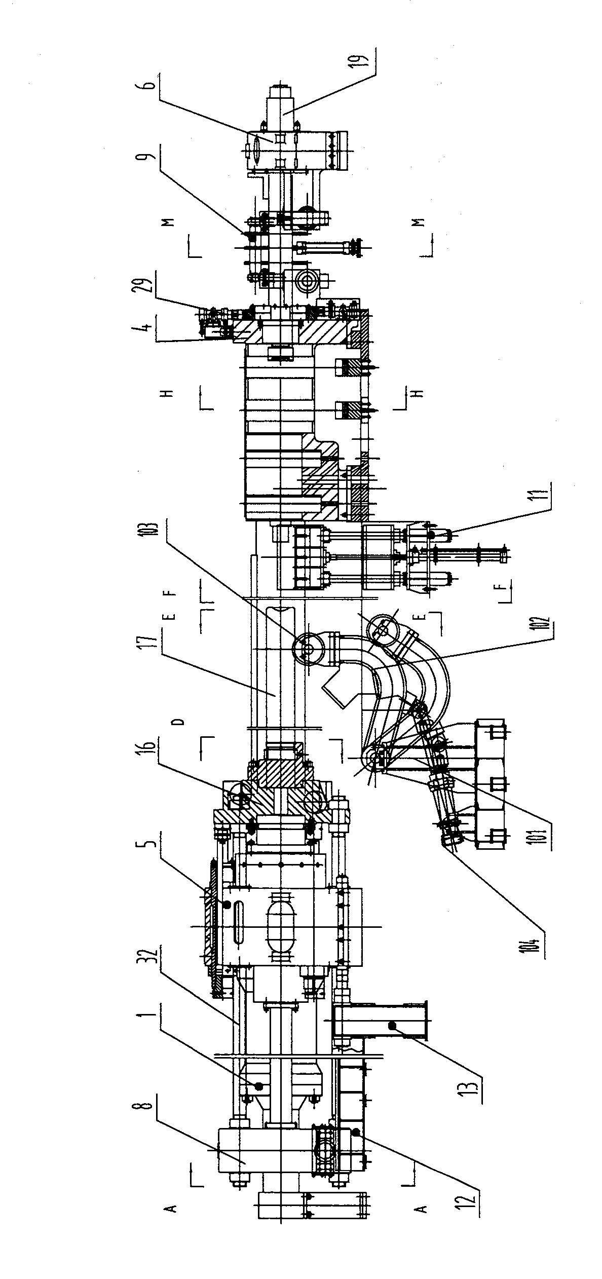 Horizontal hydraulic machine for drawing and extending
