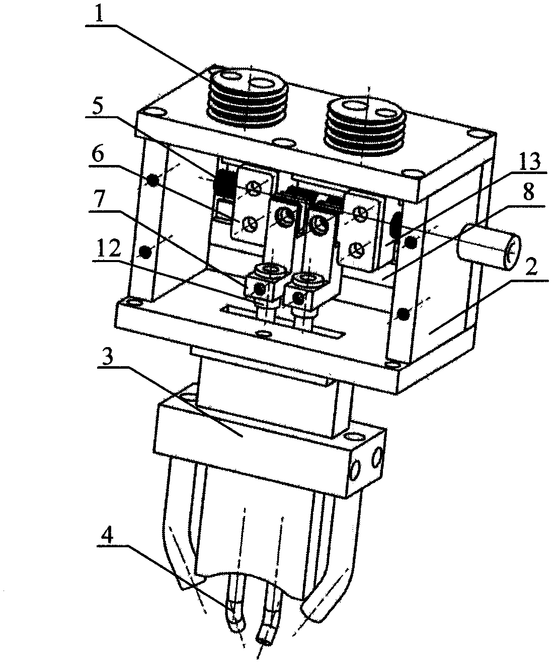 Bent conducting nozzle type twin-wire narrow-gap MIG/MAG (metal inert gas/metal active gas) welding torch