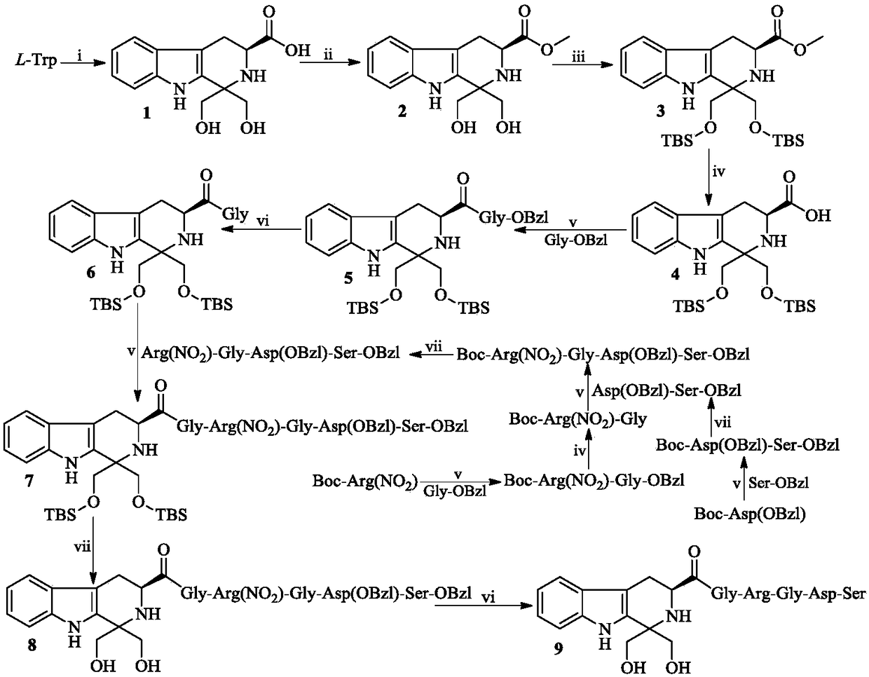 Synthesis, activity and application for 1, 1-dihydroxymethyl-tetrahydro-beta-carboline-3-formyl-GRGDS