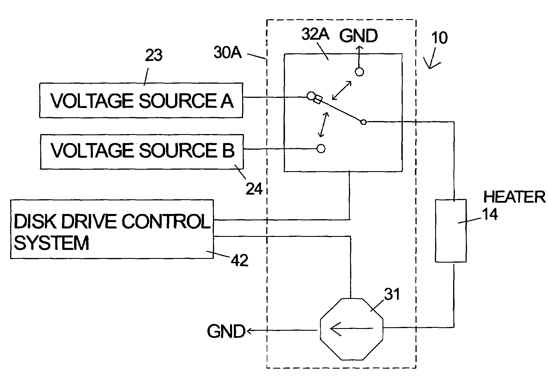 Disk drive with selectable power source for heater in a slider