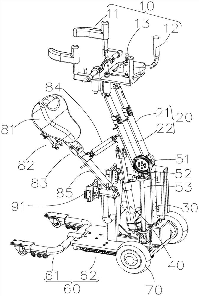 A telescopic chassis and a rollator