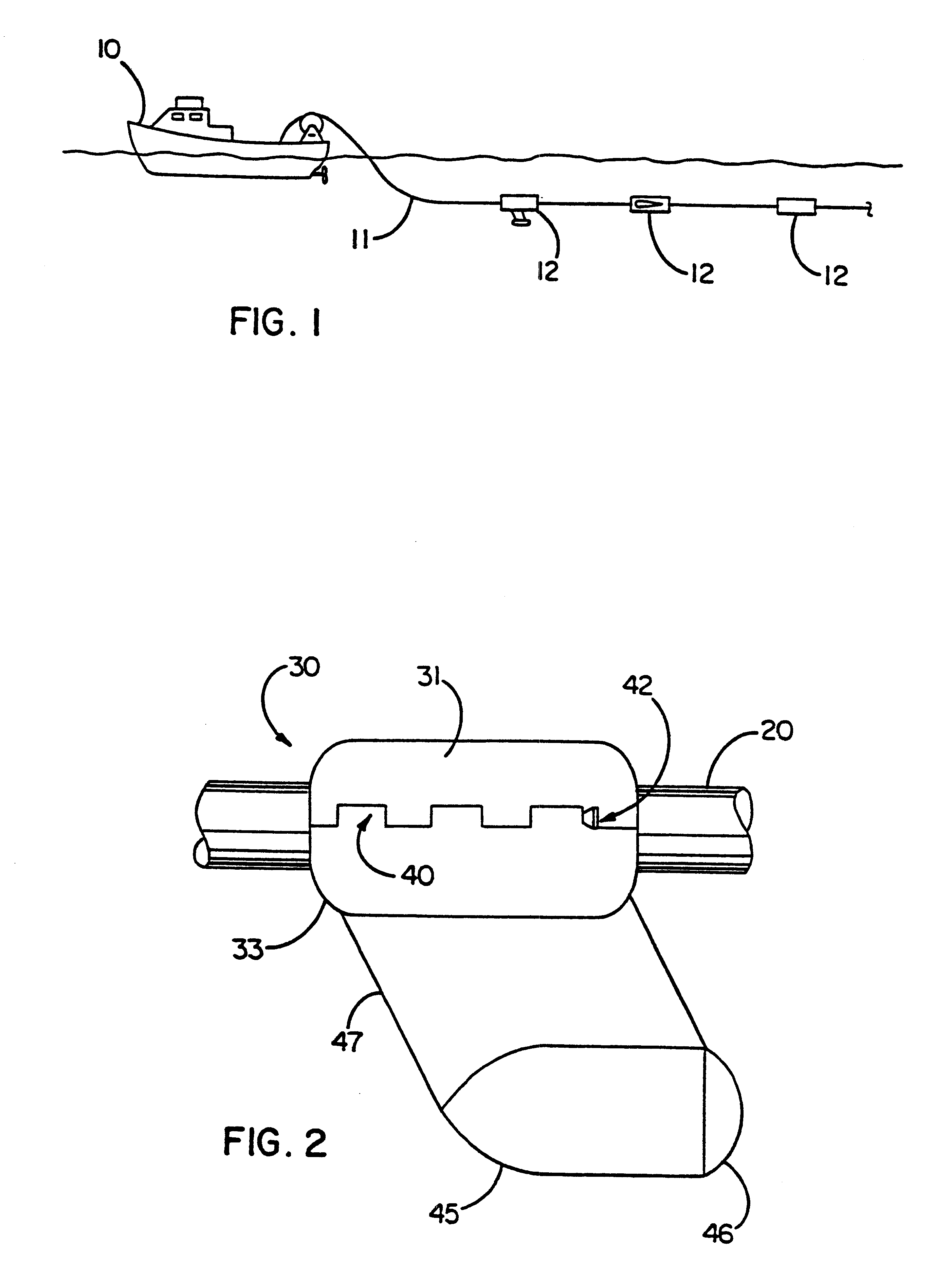 Underwater cable arrangements, internal devices for use in an underwater cable, and methods of connecting and internal device to a stress member of an underwater cable