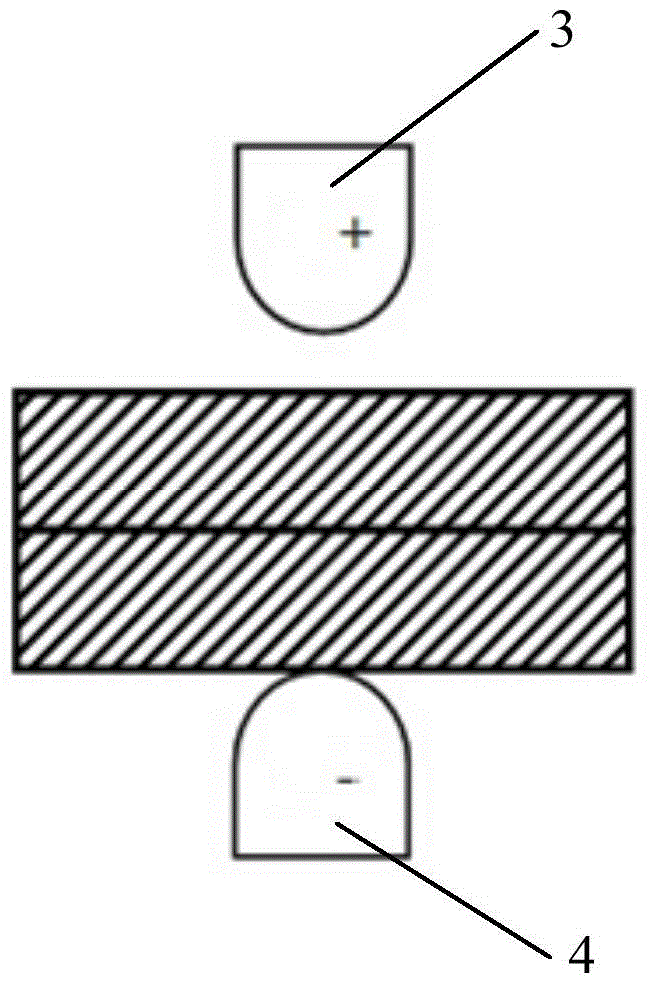Spot or projection welding method using potential difference between positive and negative electrodes