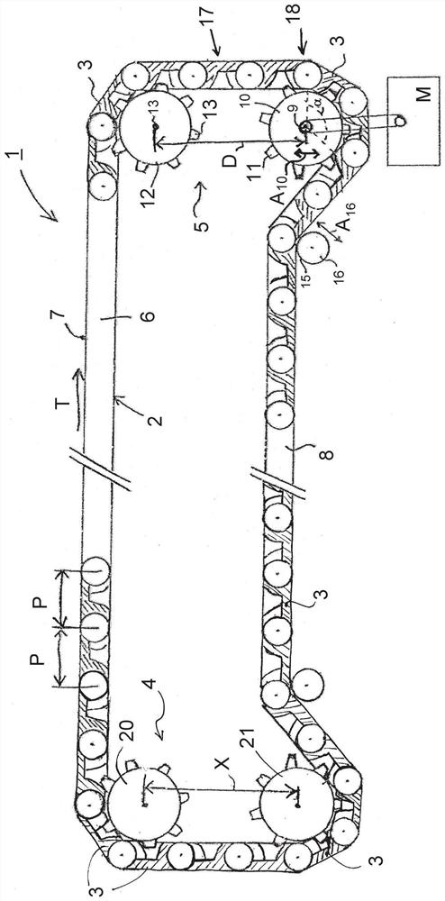 Chain conveyor with adjustable distance between axes