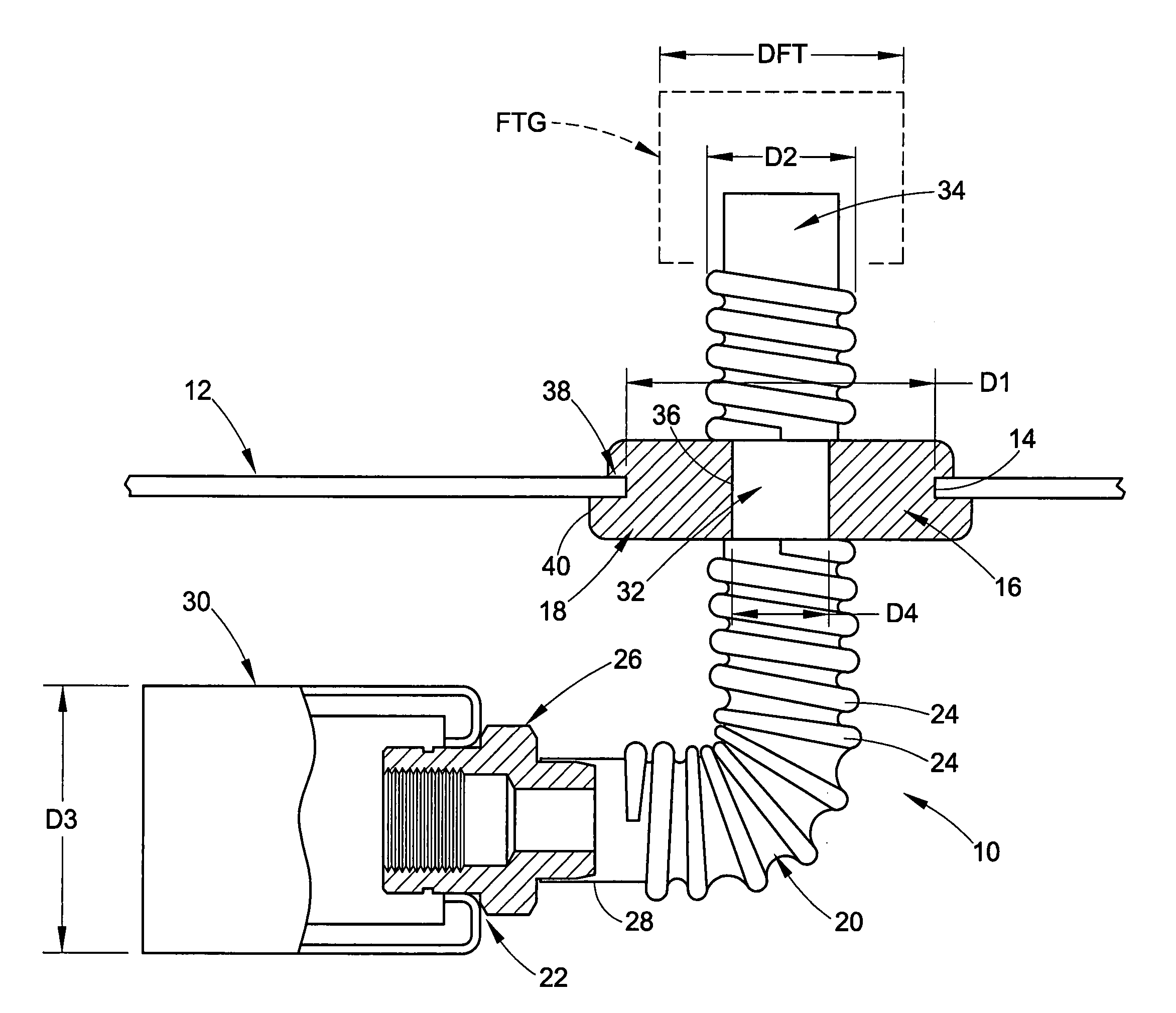 Fluid line connector with intermediate smooth surface