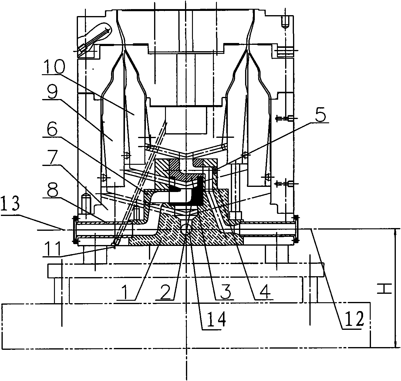 Triple extrusion die head with low center